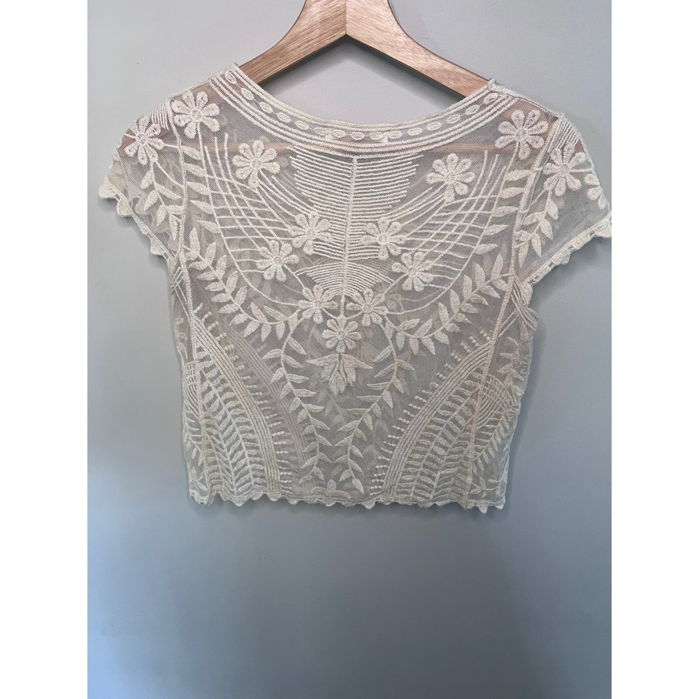 Say What? Womens Cream Sheer Mesh Floral Embroidered Crop Top Boho Small - Picture 3 of 5